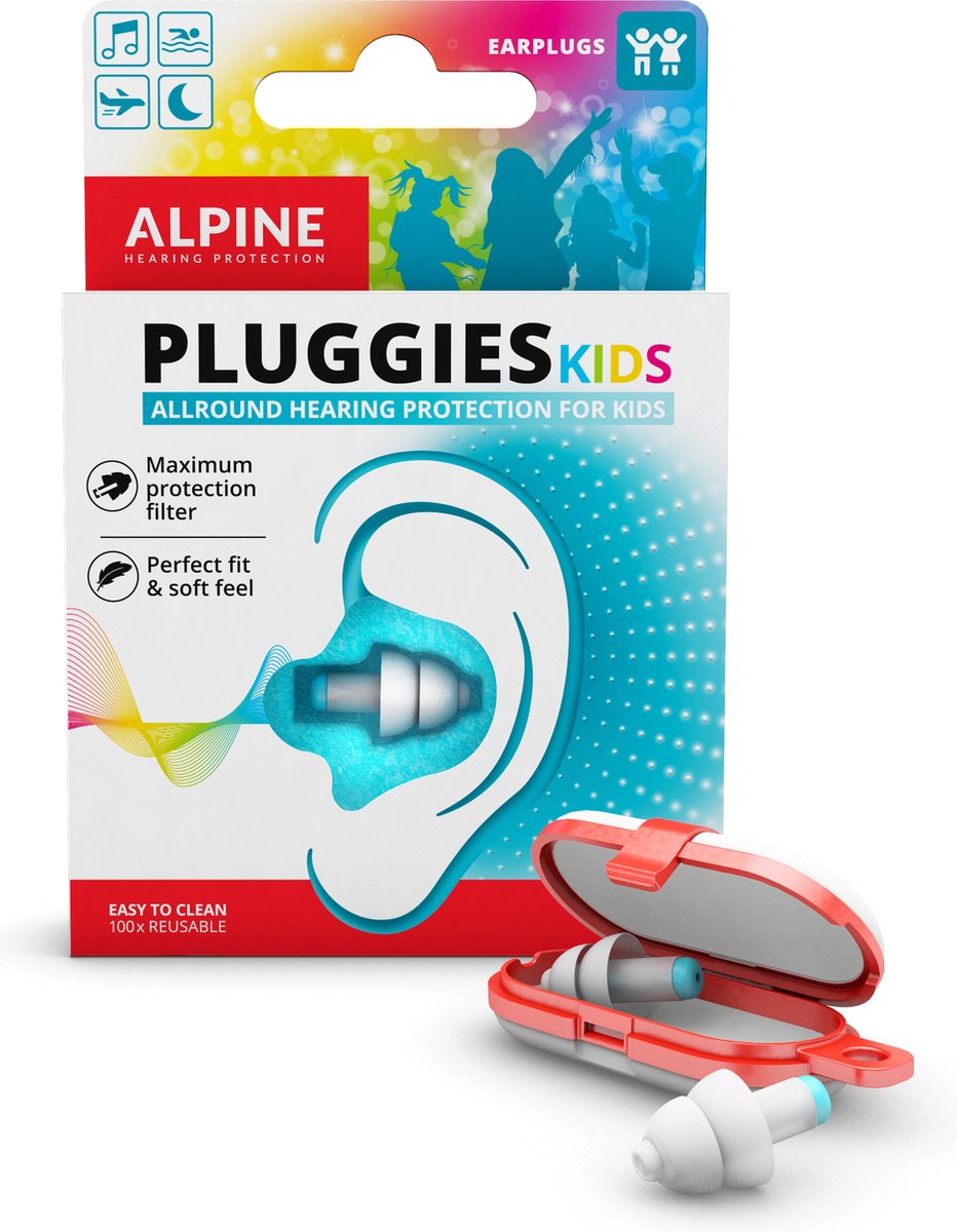 Alpine Pluggies Kids Oordoppen voor kinderen, Oordopjes voor kleine gehoorgangen, Voor Vliegen, Zwemmen en Concentratie, Comfortabel hypoallergeen materiaal, Herbruikbaar - 25 dB - Wit - Alpine Hearing protection