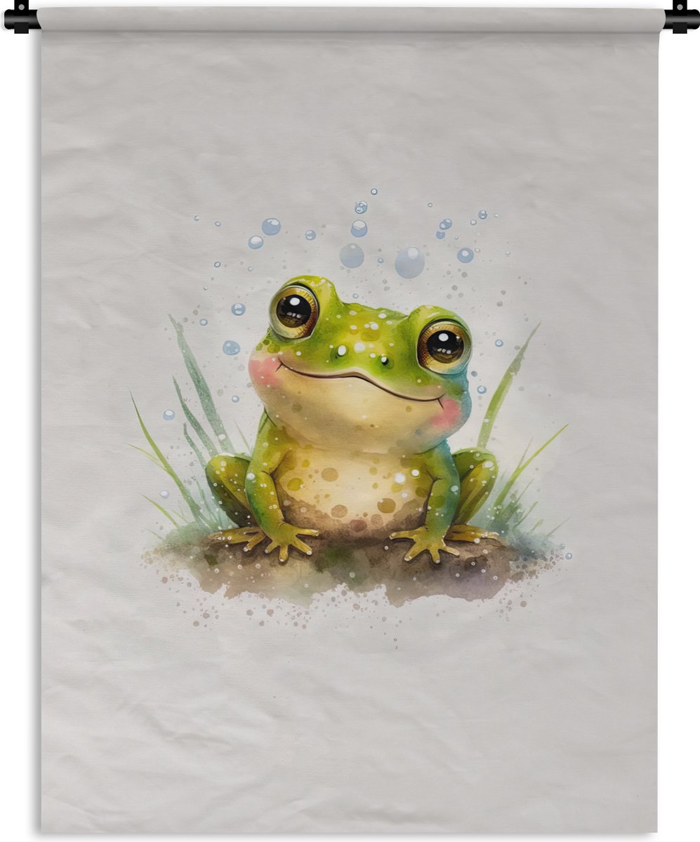 Wandkleed - Wanddoek - Kikker - Groen - Waterverf - Dieren - Jongen - Meisje - 60x80 cm - Wandtapijt