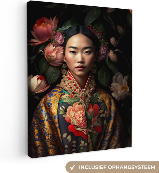 Canvas Schilderij Vrouw - Asian - Kimono - Bloemen - Portret - 90x120 cm - Wanddecoratie