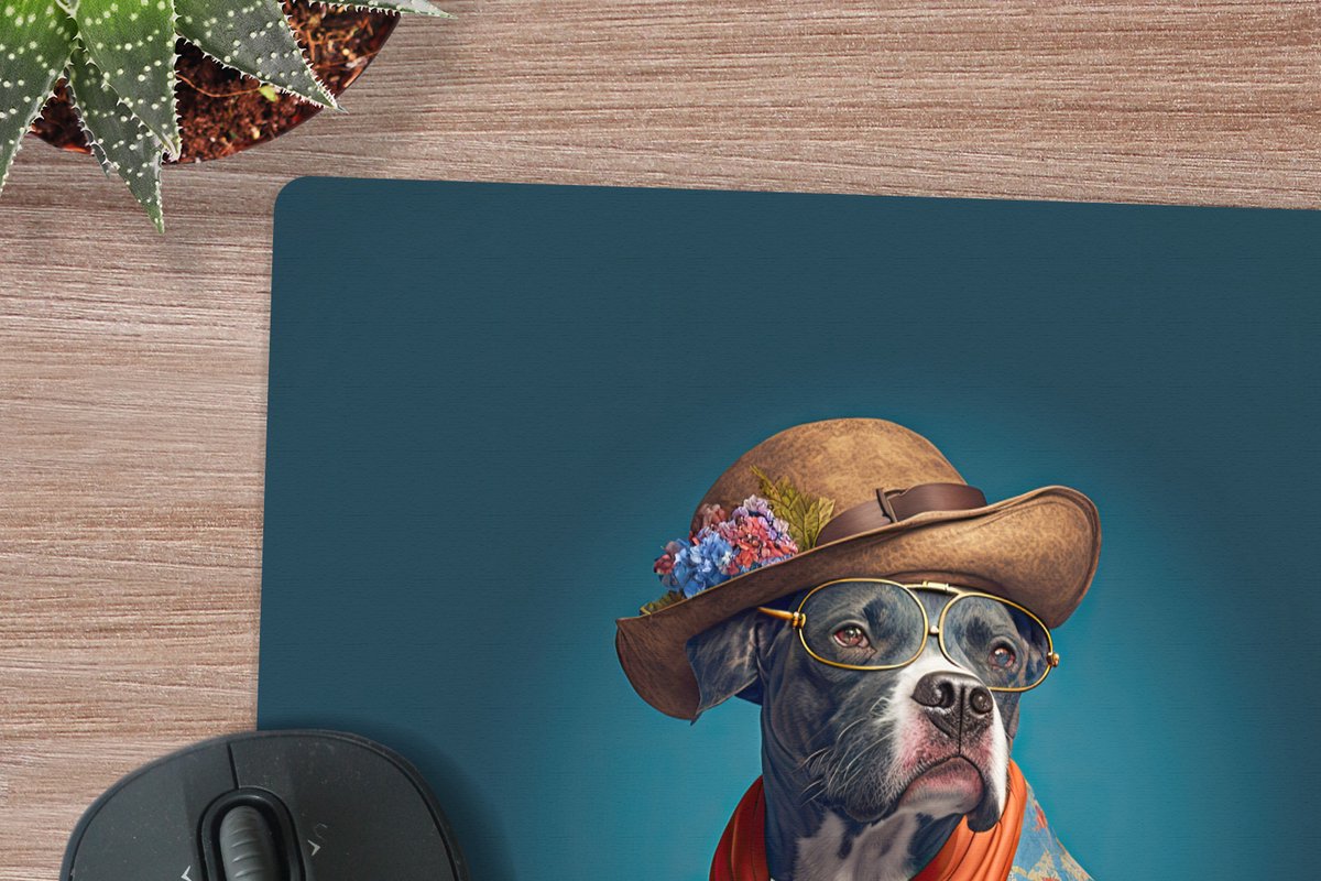 Muismat XXL 50x50 cm - Bureau onderlegger - Bureau mat Hond - Colbert - Bloemen - Hoed - Blauw - Bureaumat - Gaming mousepad xl - Bureaulegger groot - Computer deskmat