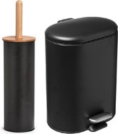 Zeller Badkamer/toilet accessoires set - WC-borstel/pedaalemmer 6L- zwart - metaal/bamboe