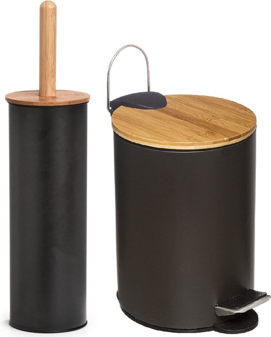 Zeller Badkamer/toilet accessoires set - WC-borstel/pedaalemmer- zwart - metaal/bamboe