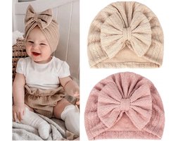 Product: 2 Stuks - Meisjes Babymutsjes Tulband - Grote Strik - Roze Beige - 1-6 mnd, van het merk MINIIYOU