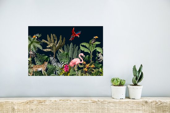 Poster Jungle - Plantes - Animaux - Enfants - Flamingo - Zebra - 30x20 cm
