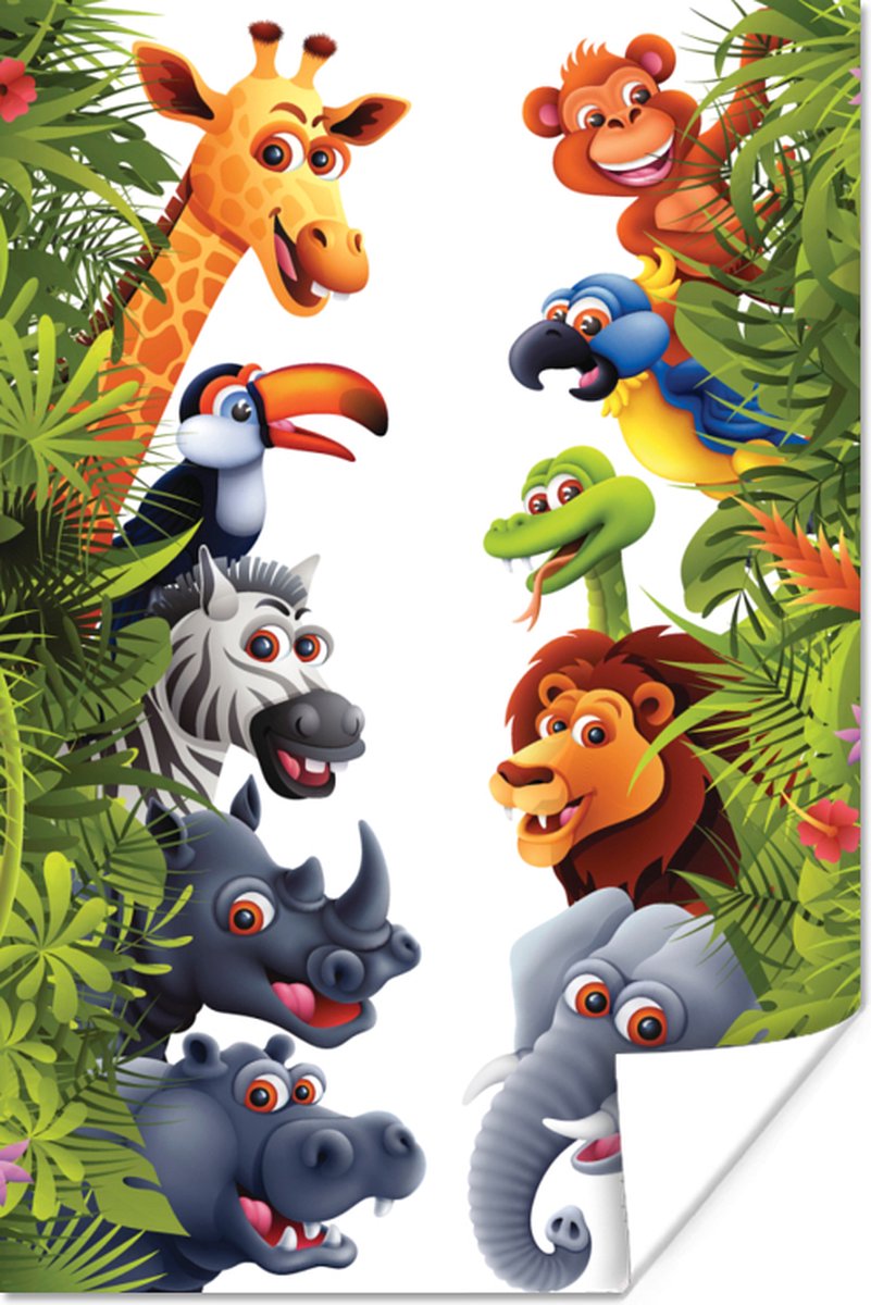 Poster Jungle - Dieren - Jongens - Meisjes - Giraf - Olifant - Kids - 20x30 cm - Poster Babykamer
