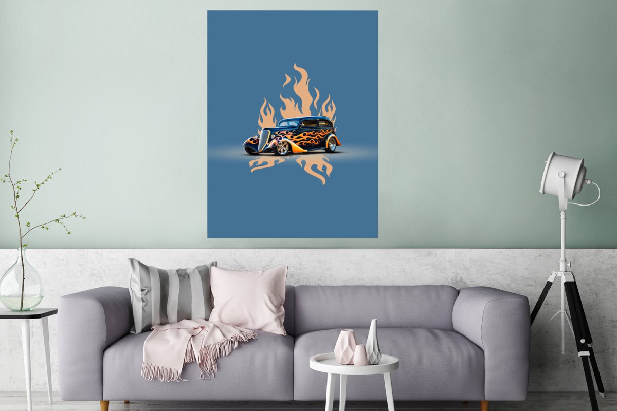 Poster Auto - Vintage - Blauw - Vlammen - 90x120 cm