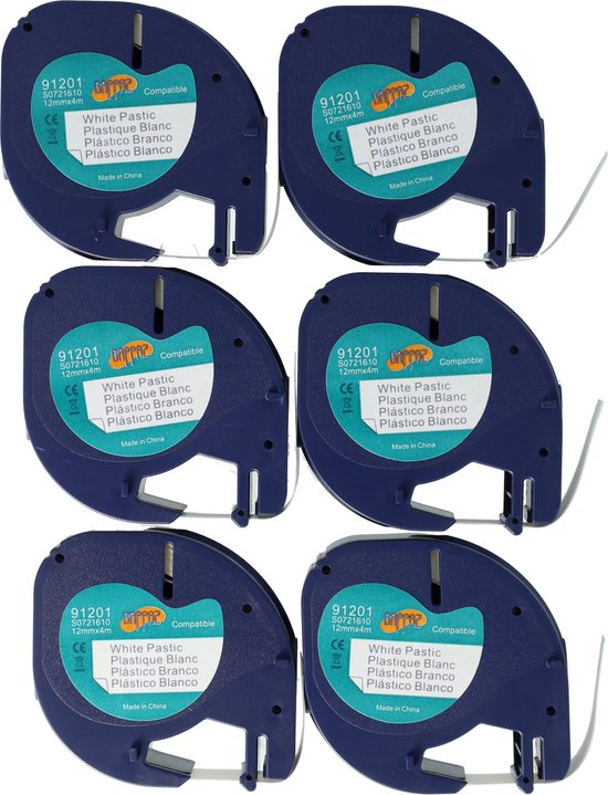 Dappaz - 6 stuks Dymo Compatible Label tape 91201 Zwart op Wit - 12 mm x 4 m - Geschikt voor Dymo LetraTag Labelprinter - S0721610