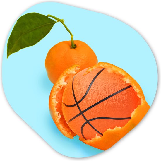 Organische Wanddecoratie - Kunststof Muurdecoratie- Organisch Schilderij - Basketbal - Sinaasappel - Fruit - Oranje - Blad- 90x90 cm - Organische spiegel vorm op kunststof