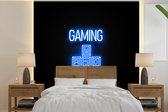 Behang - Fotobehang Gaming - Tekst - Gaming zone - Neon - Blauw - Breedte 300 cm x hoogte 300 cm