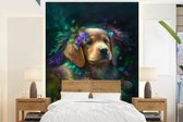 Behang - Fotobehang Hond - Puppy - Bloemen - Natuur - Golden retriever - Breedte 175 cm x hoogte 240 cm