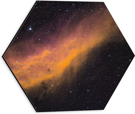 Dibond Hexagon - Oranje en Paarse Vlekken in het Heelal - 30x26.1 cm Foto op Hexagon (Met Ophangsysteem)