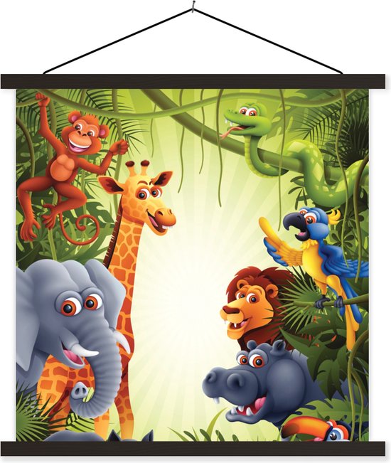 Posterhanger incl. Poster - Schoolplaat - Jungle - Jongens - Meiden - Baby - Olifant - Leeuw - Giraf - 120x120 cm - Zwarte latten