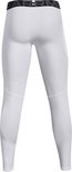 Achterkant van een witte sportlegging met zwarte band met logo.