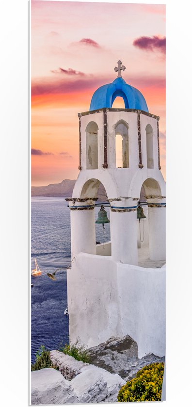 PVC Schuimplaat- Traditionele Torentjes met Blauwe Details aan de Kust van Santorini - 30x90 cm Foto op PVC Schuimplaat