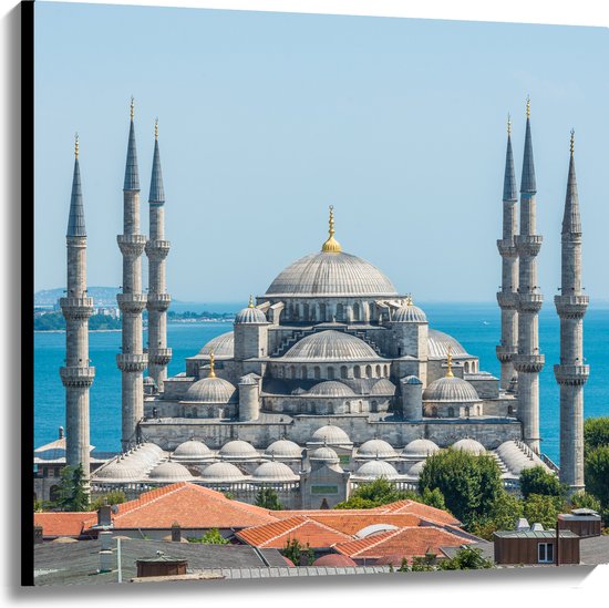 Canvas - Sultan Ahmet Moskee aan de Zee van Turkije - 100x100 cm Foto op Canvas Schilderij (Wanddecoratie op Canvas)