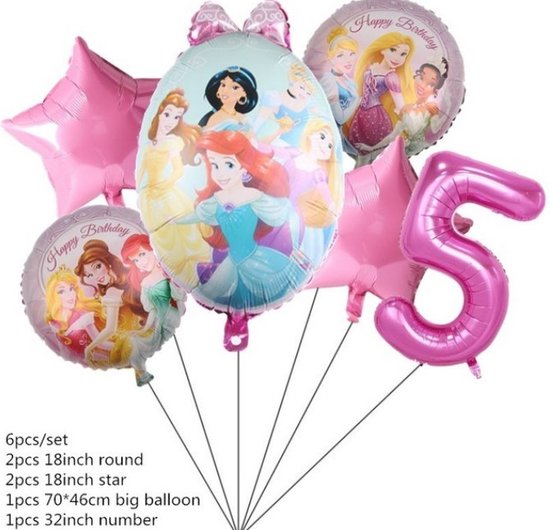 Prinsessen Ballonnen - Verjaardag Ballonnen Prinsessen - Ballonnen Set Cijfer 5 - Ballonnen Set Vijf Jaar - Roze Ballonnen - Ariel - Assepoester - Rapunzel - Sneeuwwitje - Belle - Jasmine - Belle - Prinsessen Thema - Folie Ballonnen