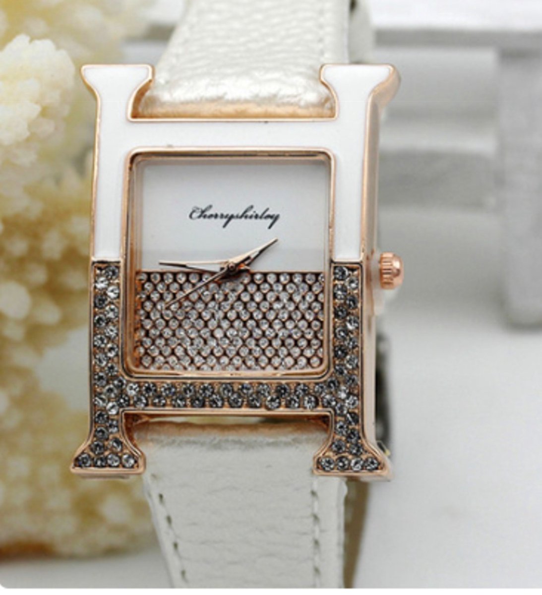 Hetty'S - Horloge - met dubbele H - wit met Zirconia's - Rosé klok
