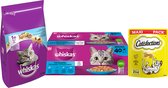 Whiskas & Catisfactions kattenvoeding weekpakket: nat (zalm, tonijn, witvis & kabeljauw) + droog (tonijn) + snacks (kaas) - 7380g