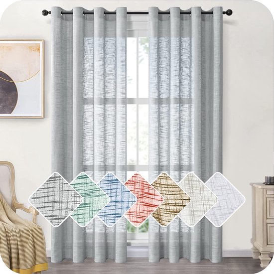 MIULEE Doorschijnende voile-gordijnen met ogen, transparante look, gordijn met ogen, transparant, doorzichtig, voor slaapkamer en woonkamer, 140 x 145 cm (b x h), 2-delig, saliegroen