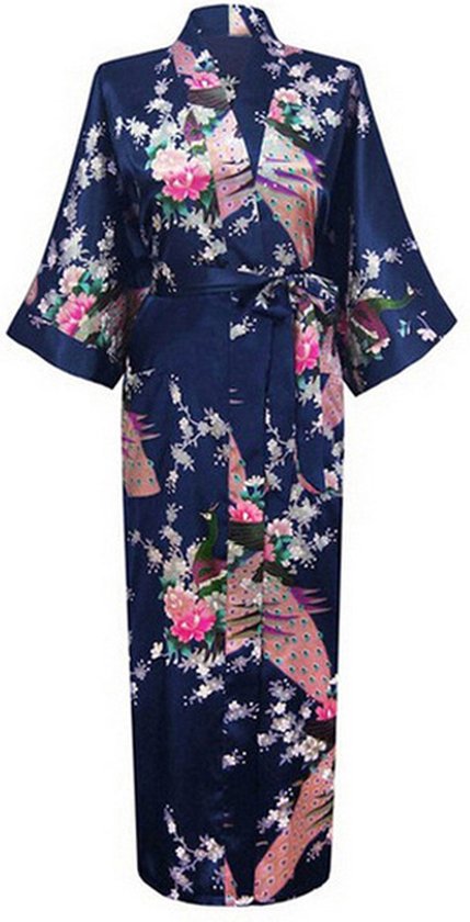 Foto: Kimu kimono donkerblauw 7 8e maat m l yukata satijn boven de enkel lange donkerblauwe ochtendjas japanse kamerjas sexy satijnen badjas geisha halloween