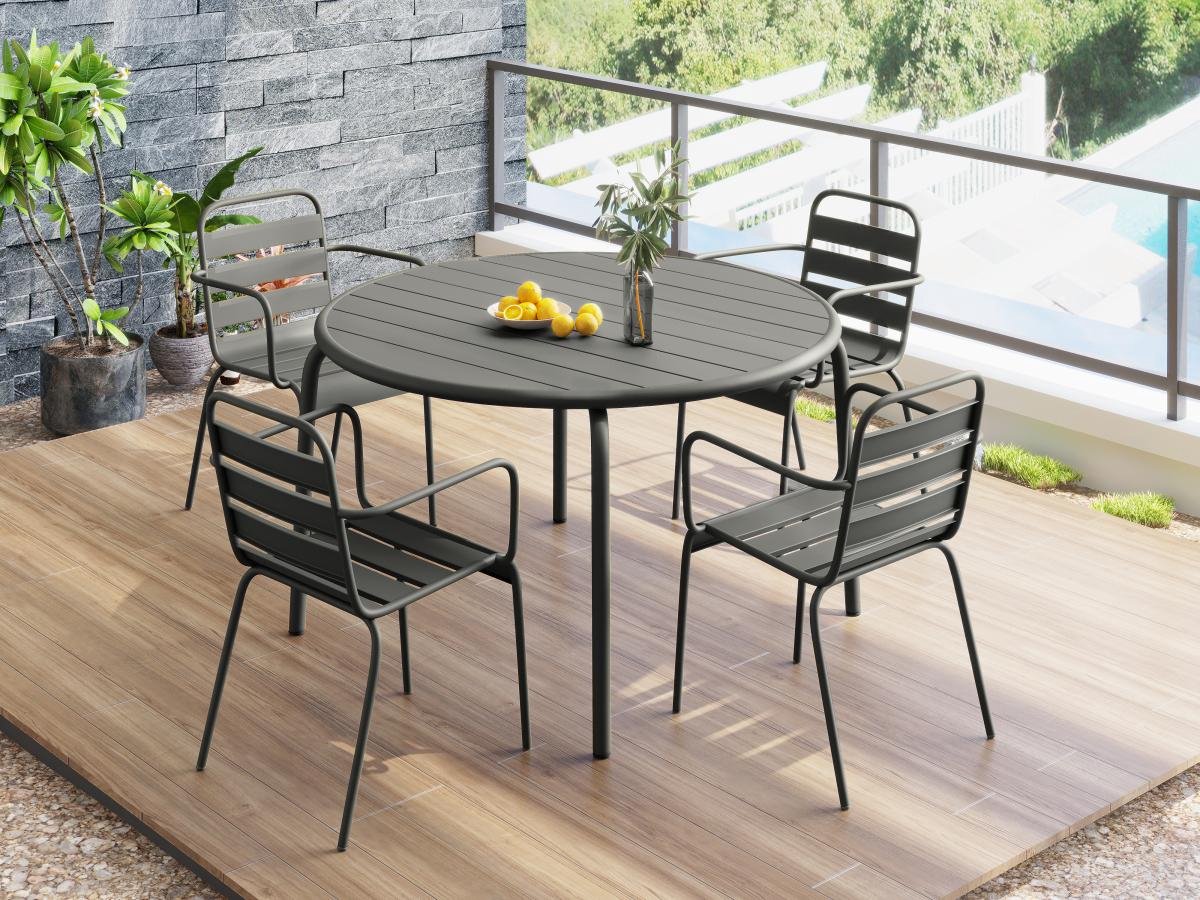 MYLIA Tuineethoek van metaal - Een tafel D110 cm en 4 opstapelbare fauteuils - Donkergrijs - MIRMANDE L 110 cm x H 79 cm x D 110 cm