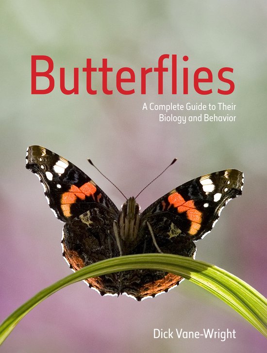 Boek met de titel 'Butterflies' in rode letters, met een close-up van een admiraalvlinder op de voorgrond.