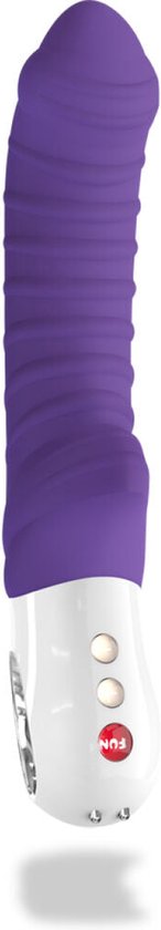 Paarse, rechte vibrator met geribbelde textuur, witte handgreep met knoppen en 'FUN'-logo, zwevend.
