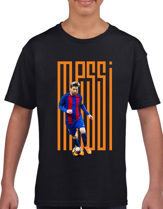 Messi T-Shirt - Kinder T-Shirt - Zwart - Maat 122 /128 - T-Shirt leeftijd 7 tot 8 jaar - Grappige teksten - Cadeau - Shirt cadeau -Messi T-Shirt - Voetbal - Oranje tekst