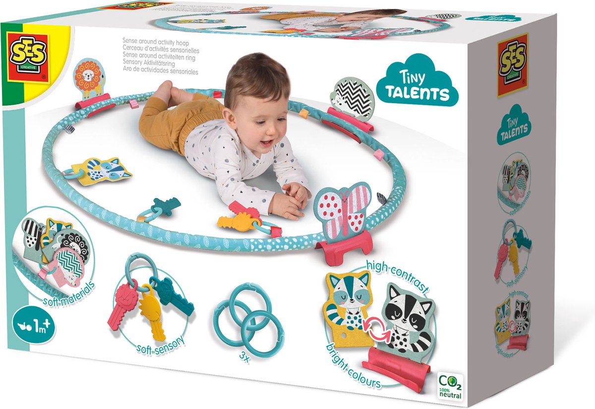 SES - Tiny Talents - Sense around activiteiten ring - Montessori speelring - inclusief ringen, contrastkaartjes en bijtsleutels Bijtring - Baby Speelgoed