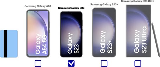Vergelijking van Samsung Galaxy telefoons: A54 5G, S23, S23+ en S23 Ultra met S Pen. De S23 is geselecteerd.
