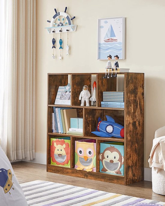 Boekenkast, vakkenkast industrieel, vitrine voor woonkamer, Boekenrek slaapkamer, kinderkamer en kantoor, 97,5 x 100 x 30 cm (L x B x H), vintage, donkerbruine