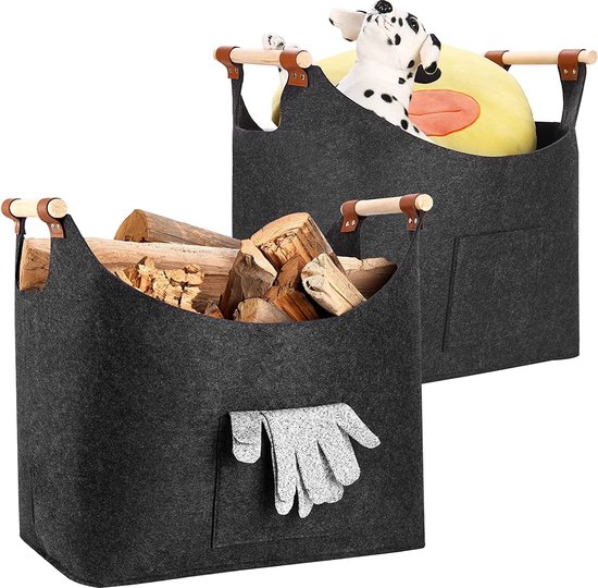 Foto: 2 stuks haardhoutmand met opbergtas optional large houten mand voor haardhout brandhoutrek met versterkte houten handgreep vilten zakken shopper voor haardhout brandhout 45 x 32 x 40 cm grijs