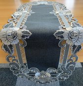 Chemin de table - Aspect lin - Grijs foncé avec fleur - Chemin de table 130 x 40 cm