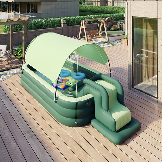 LotaHome - Opblaasbaar Zwembad - Zwembad met Glijbaan en Zonnescherm - Draadloze Pomp - Kinderzwembad LotaHome - Speelzwembad - Maximaal 8 Personen - Inclusief Diverse Accessoires - 300cm