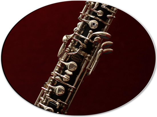 Dibond Ovaal - Deel van Zwart met Zilveren Hobo Blaas Instrument - 40x30 cm Foto op Ovaal (Met Ophangsysteem)