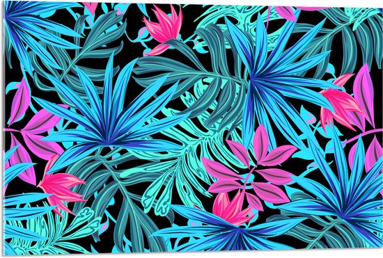 Acrylglas - Patroon van Blauwe en Paarse Planten tegen Zwarte Achtergrond - 90x60 cm Foto op Acrylglas (Met Ophangsysteem)