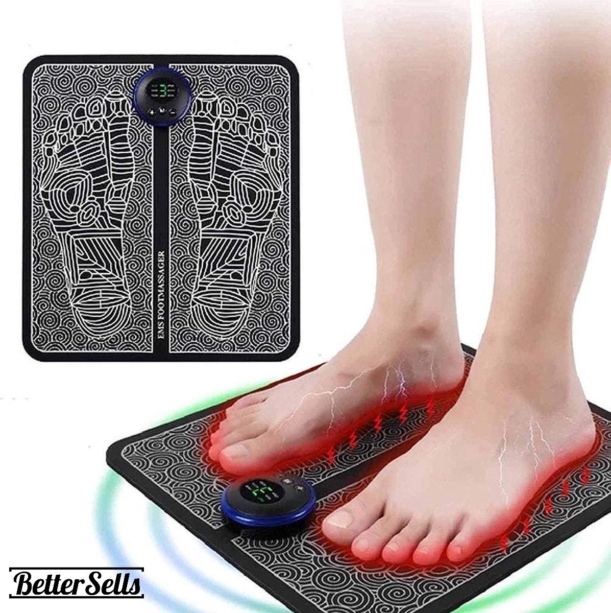 Afbeelding 2 van BetterSells® - Bloedcirculatie Apparaat - Voetmassage Apparaat - stimuleert bloedsomloop voor voeten -EMS - Acupressuur Verbetering Bloedsomloop - Kuiten Trainer - Voet Massage - EMS Trainer - Draadloos - Compact-usb voetmassagemat