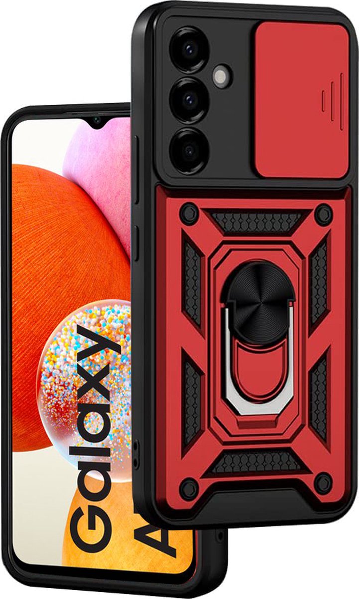 Samsung Galaxy A14 hoesje met Ringhouder en Camera schuifje - shockproof case - Rood
