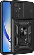 Arara Hoesje geschikt voor Samsung Galaxy A34 hoesje met Ringhouder en Camera schuifje - shockproof case - Zwart