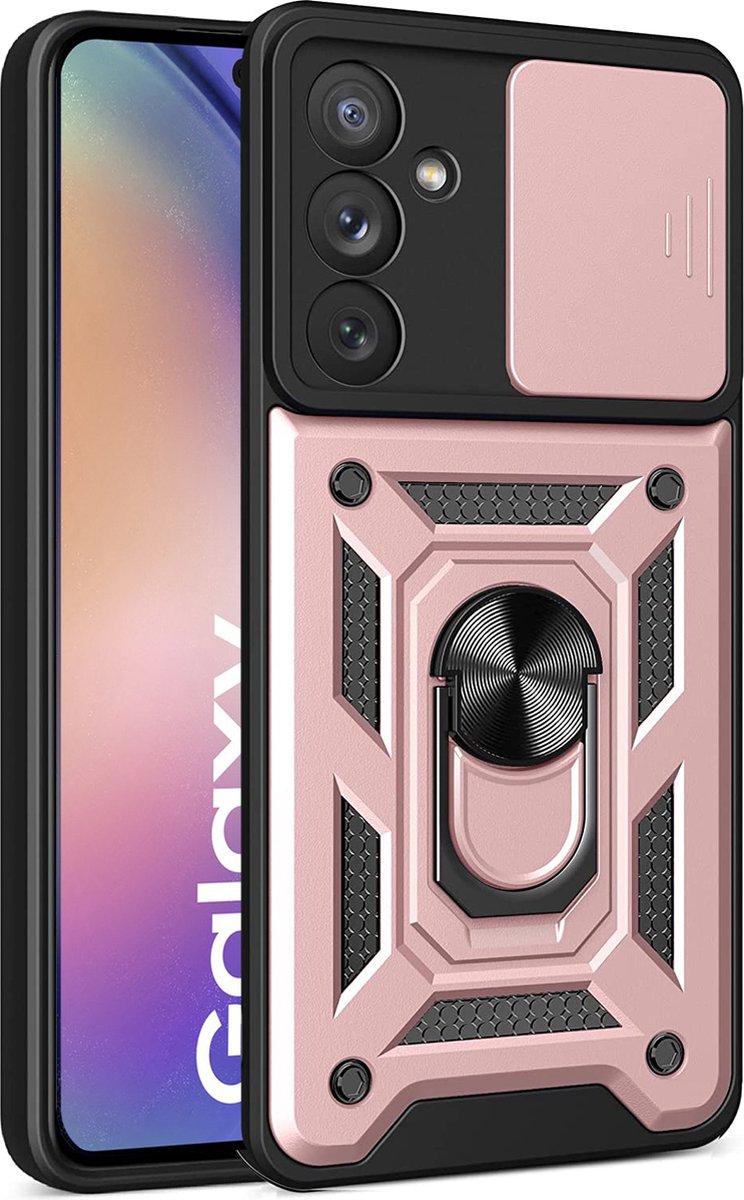 Samsung Galaxy A54 hoesje met Ringhouder en Camera schuifje - shockproof case - Rosegoud