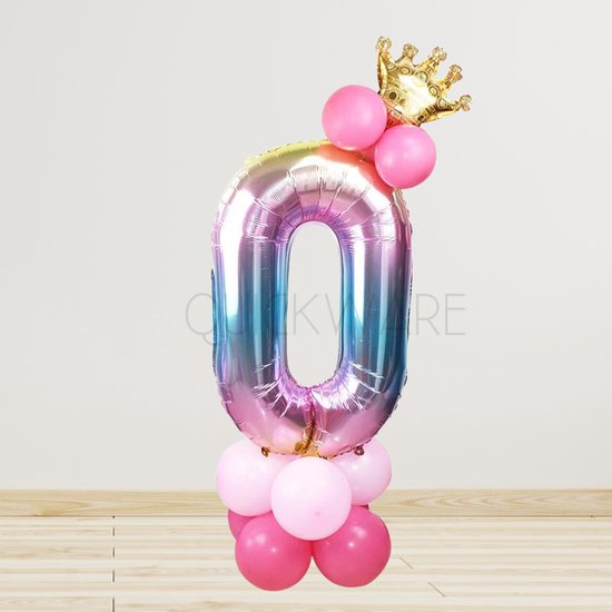 Leeftijdballon 0 Jaar - Hoera 0 Jaar - Prinsessenfeest - Kinderverjaardag Prinses Thema - Kinderfeestje Prinsessen – Unicorn – Regenboog - Princess Birthday Decoration - Meisje Verjaardag Feest Prinses - Roze Prinsessen Verjaardag - Ballon met Kroon