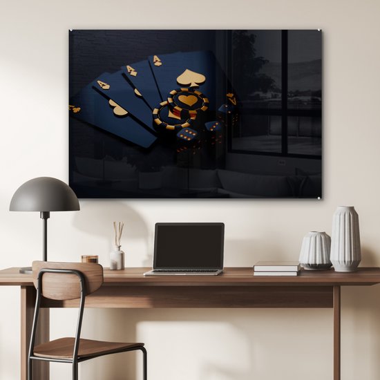 Tableau sur verre or noir - Cartes à jouer - Monnaies - Poker - Or - Zwart - 120x80 cm - Photo sur verre - Décoration salon