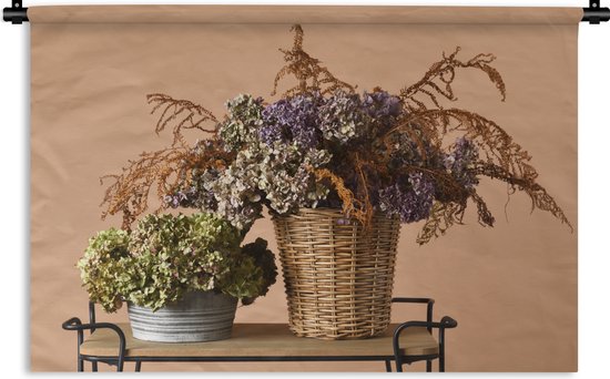 Wandkleed - Wanddoek - Gedroogde bloemen - Manden - Stilleven - 60x40 cm - Wandtapijt