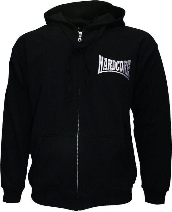Veste à capuche noire zippée, avec capuche et le logo blanc "HARDCORE" brodé sur le côté gauche de la poitrine.