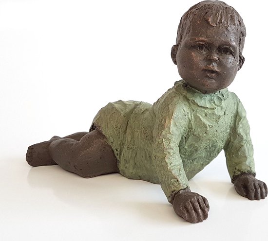 Geert Kunen / Skulptuur / Beeld / Kruipende baby - Groen / bruin / goud - 18 x 10 x 12 cm hoog.