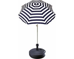 Blauw gestreepte lichtgewicht strand/tuin basic parasol van nylon 180 cm + vulbare parasolvoet antraciet van plastic