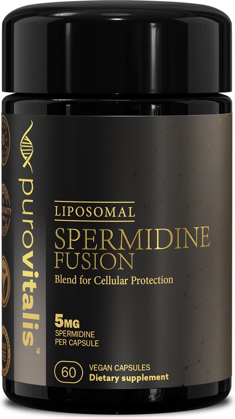 Zwarte pot met puur vitalis logo, liposomal spermidine fusion, 5mg spermidine per capsule, 60 vegan capsules.