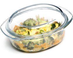 Vierkante braadpan met deksel Ovenvaste glazen potten met handgrepen, glazen magnetronschalen met glazen deksels Braadpanschotel Kookgerei (S-1.6L-ovaal)
