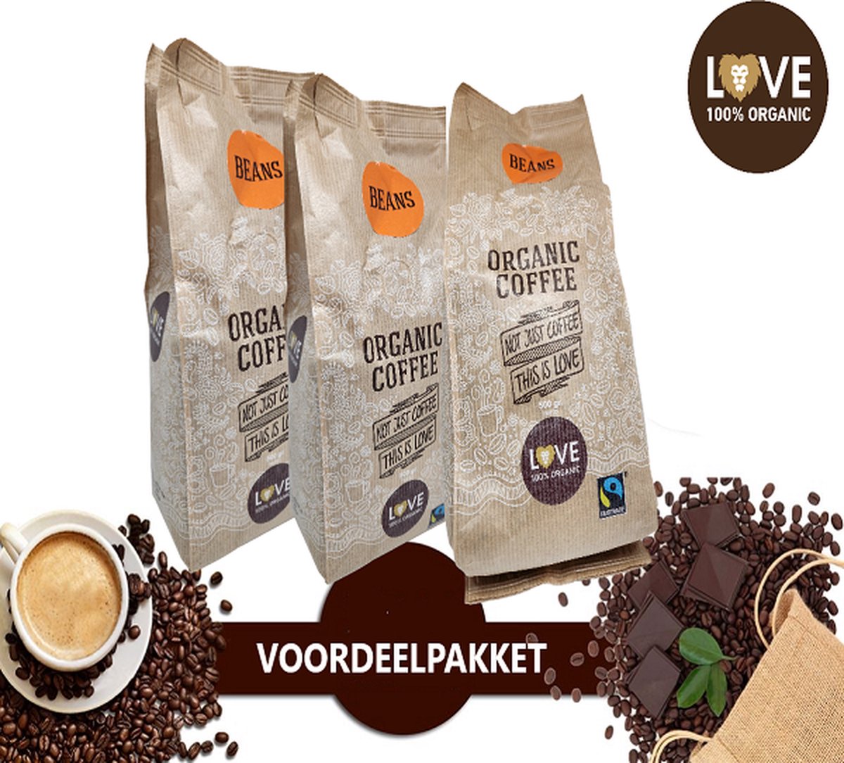 Love 100% Organic Koffiebonen | Voordeelverpakking 3 x 1000 gram | Biologische Koffiebonen |