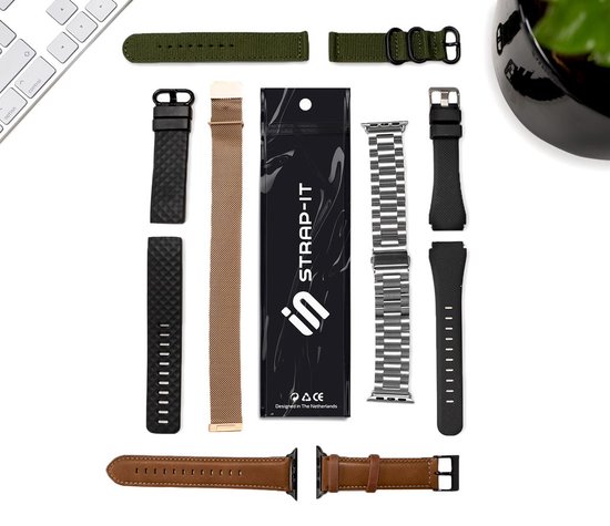 Verschillende Apple Watch bandjes: bruin leer, zwart, zilver, kaki en groen. Met 'in STRAP-IT' verpakking.